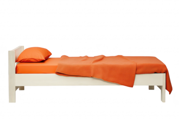 A modern. minimalist single bed with an orange bedding set. a clean design against a white background. ideal for contemporary bedroom decor or product catalog use