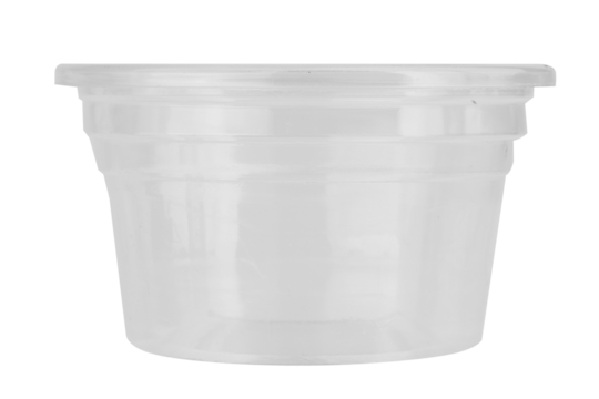 Clear plastic dipping sauce cups stacked on a white background