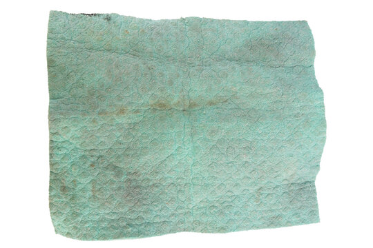 Used dirty sponge table cloth on white background color blue