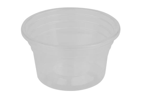 Clear plastic dipping sauce cups stacked on a white background