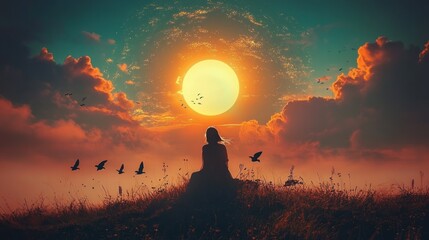 Silhouette of a person sitting on a grassy hill at sunset surrounded by flying birds with a glowing sun and vibrant colorful clouds creating a serene and peaceful atmosphere