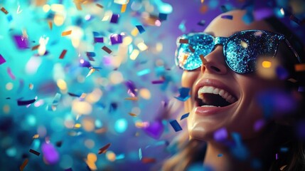 Fototapeta premium joyful woman wearing reflective sunglasses surrounded by colorful confetti celebrating with bright vibrant lights