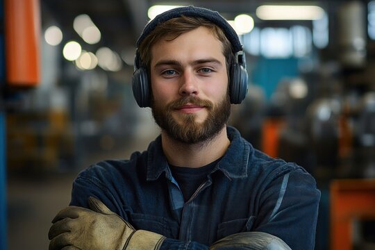 Confident young man with beard wearing a beanie, headphones, work gloves, and dark overalls standing in an industrial setting with blurred machinery in the background - Powered by Adobe