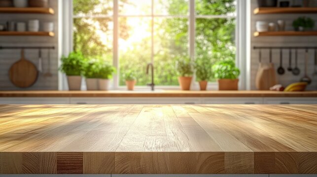 Empty wooden kitchen countertop with sunlight coming through large window overlooking green garden and potted plants on windowsill
