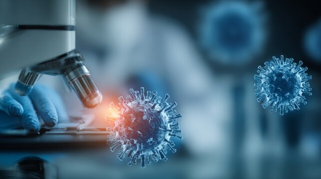 Laboratory Work: Scientist Examining a Virus Under a Microscope - Powered by Adobe