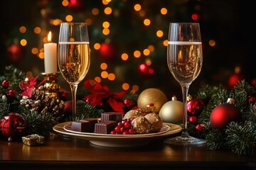 Fototapeta premium Festive holiday setting with two glasses of sparkling champagne, assorted chocolates and cookies on a plate, surrounded by Christmas decorations and a lit candle creating warm ambiance