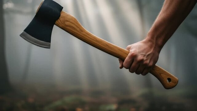 Hand holding an axe in a misty forest with light rays