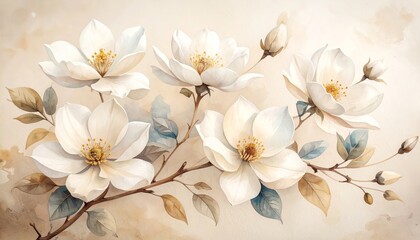 Exquisite watercolor painting of blooming magnolia flowers showcasing delicate petals and vibrant hues.