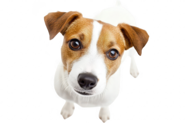 A close-up portrait of a curious dog with a brown and white coat. looking directly at the camera. set against a plain white background. ideal for pet-themed marketing or social media content