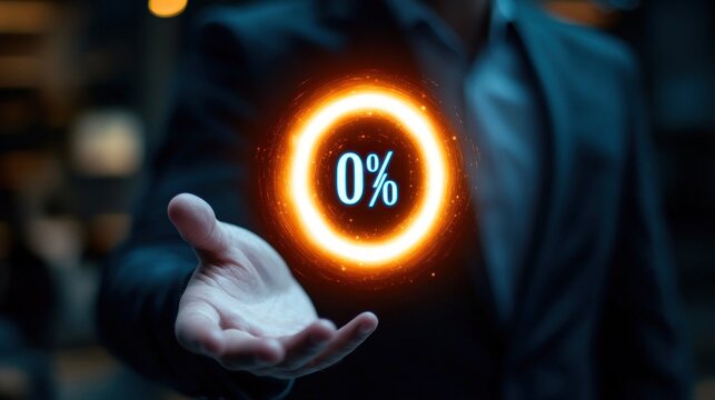 Person in dark suit holding out hand presenting glowing circular digital 0 percent symbol with futuristic technology effect - Powered by Adobe