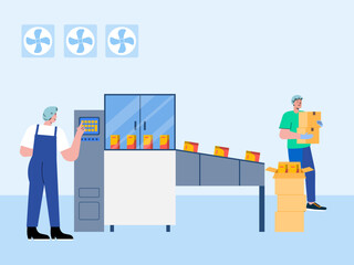 Two workers are packing food into cardboard boxes. Food industry vector illustration. Flat illustration concept.	