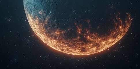 Obraz premium Close Up View of a Volcanic Moon in Space with Cratered Surface and Glowing Lava