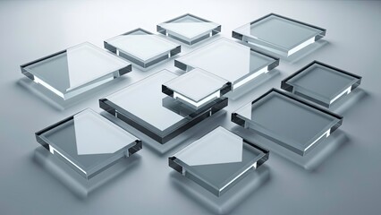 Abstract arrangement of multiple clear glass or acrylic square tiles floating above a light gray surface