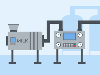 A dairy factory conveyor pours and packs milk bottles. Food industry vector illustration. Flat illustration concept.	