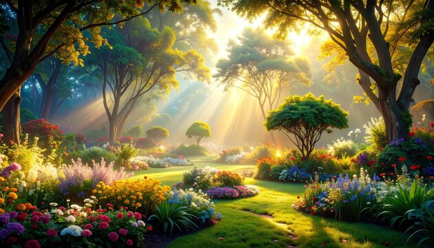 Serene garden landscape capturing vibrant flowers lush green trees and peaceful natural beauty display.