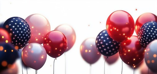Red, white, and blue balloons with star patterns floating against a white background creating a festive and celebratory mood