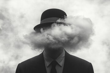 Black and white image of a man wearing a bowler hat and suit with his face obscured by a thick cloud of smoke, creating a mysterious and surreal atmosphere