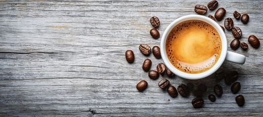 A steaming cup of coffee with crema on top surrounded by scattered roasted coffee beans on a rustic wooden surface evoking warmth and comfort