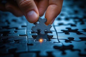 Close-up of a hand placing the final piece of a dark blue jigsaw puzzle with a glowing light shining through the empty slot, symbolizing completion and discovery