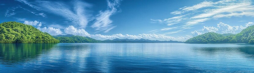 Naklejka premium Calm lake surrounded by lush green hills under a bright blue sky with wispy clouds during a sunny day