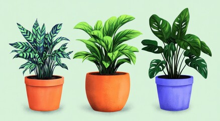 Obraz premium Three different leafy green potted plants placed side by side on a light background, showcasing various shades of green and pot colors, evoking calm and nature