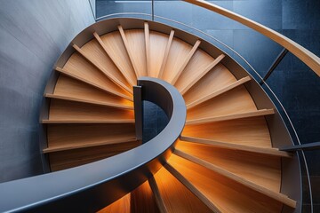 Top view of a modern spiral wooden staircase with smooth curved metal and wooden handrails illuminated warmly against dark tile flooring and gray wall