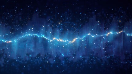 Digital glowing blue and yellow particles forming a waveform or frequency pattern on a dark blue background, conveying a futuristic and technological atmosphere