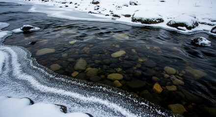 Crystal clear winter river flowing through a snow-covered landscape with visible riverbed rocks