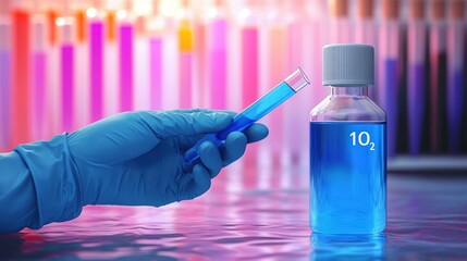 Gloved hand holding test tube with blue liquid near bottle filled with blue liquid labeled with chemical notation against blurred colorful test tubes background