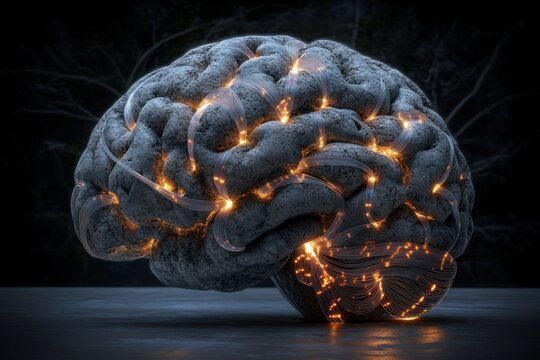 Detailed 3D model of a human brain with illuminated neural connections glowing warmly against a dark background, symbolizing brain activity and neural networks - Powered by Adobe
