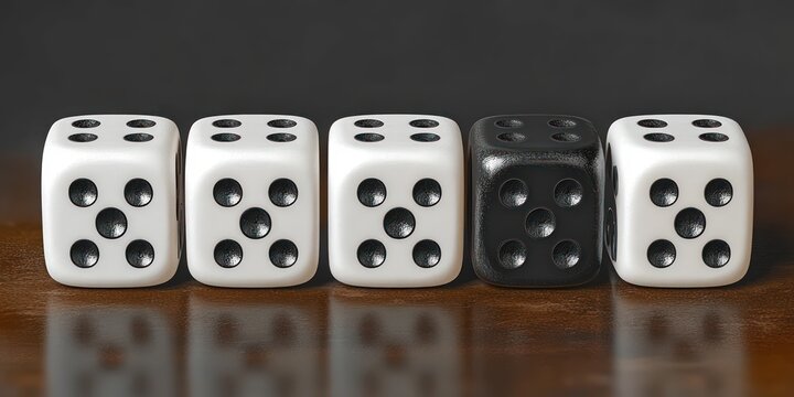 Row of five dice with four white showing five dots and one black showing five dots, arranged in a line on a wooden surface with dark background