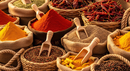 A colorful and aromatic collection of assorted whole and powdered culinary spices with scoops, ready for flavoring kitchen recipes