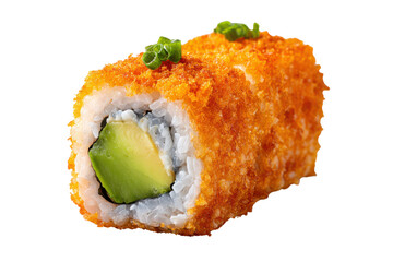 Crispy orange tobiko sushi roll with green avocado filling and scallions maki japanese, Isolated On Transparent Background, Png