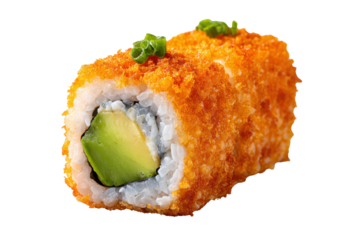 Crispy orange tobiko sushi roll with green avocado filling and scallions maki japanese, Isolated On Transparent Background, Png