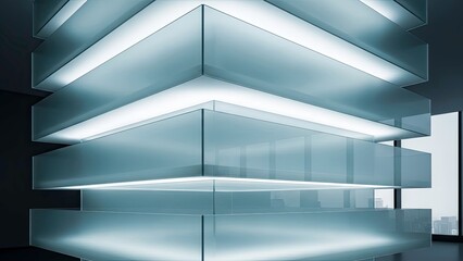 Abstract modern architectural interior design element featuring stacked, illuminated frosted glass or translucent panels in a cool blue tone