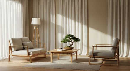 Sunlit interior with wooden furniture and bonsai plant