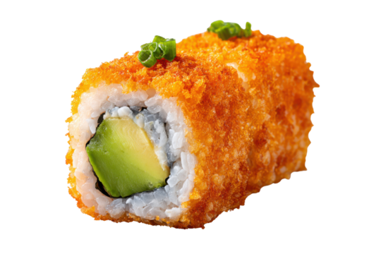 Crispy orange tobiko sushi roll with green avocado filling and scallions maki japanese, Isolated On Transparent Background, Png