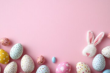 Colorful decorative Easter eggs and a fluffy white bunny ears headband arranged on a pastel pink background, evoking a festive and cheerful spring celebration