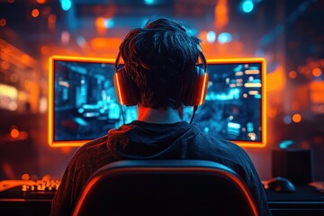 Person immersed in gaming session wearing headphones in front of illuminated widescreen monitor with vibrant blue and orange lighting in a dark room