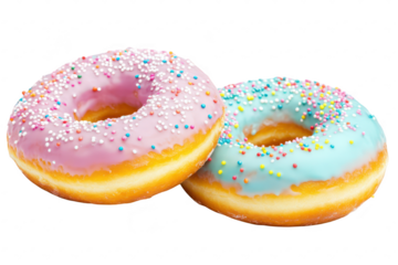 Two colorful donuts with pink and blue icing. adorned with sprinkles. placed against a clean white background. ideal for food photography. dessert menus. or sweet treat promotions