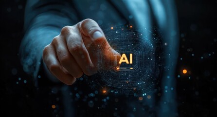 Close-up of a business person's hand pointing towards a glowing digital interface with the letters AI surrounded by a futuristic data network in a dark environment