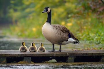 Fototapeta premium adult Canada goose standing on wooden dock next to three fluffy yellow goslings by water surrounded by green foliage