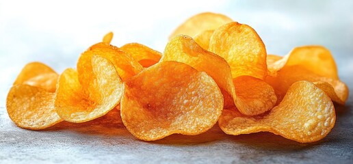 Close-up of golden crispy potato chips stacked on a textured surface with soft lighting
