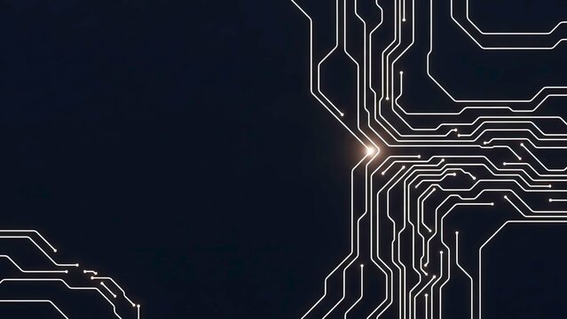Abstract glowing digital circuit board pattern with light emanating from a central connection point on a dark background