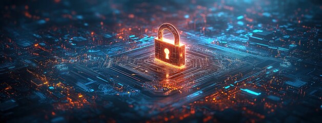 Glowing padlock symbolizing cybersecurity placed on a complex circuit board with illuminated blue and orange electronic pathways
