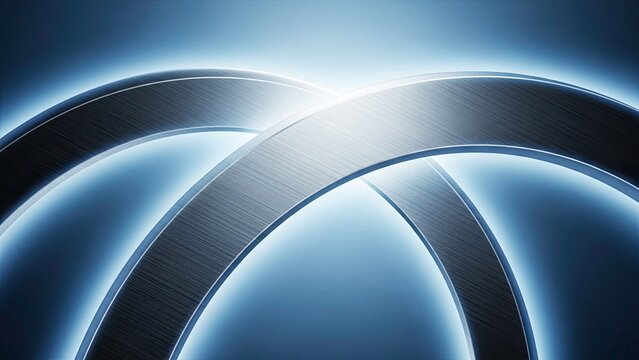 Abstract glowing blue light illuminating two intersecting metallic arcs or rings in a dark, futuristic setting