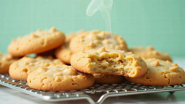 Freshly baked peanut butter cookies cooling on a wire rack with a bite taken out of one, showing the soft texture and rising steam indicating warmth