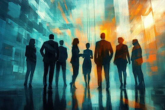 Silhouetted group of business people standing and interacting in a modern urban environment with dynamic orange and blue lighting conveying energy and collaboration - Powered by Adobe