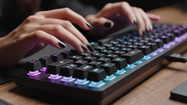 Typing on a Mechanical Gaming Keyboard With Rgb Lighting Close Up