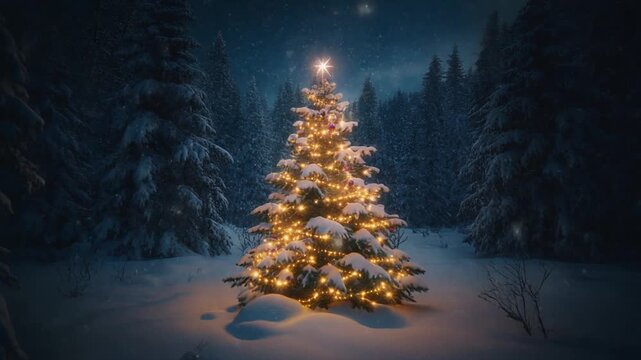 Magical Christmas Tree Shines Brightly in Snowy Winter Forest Scene